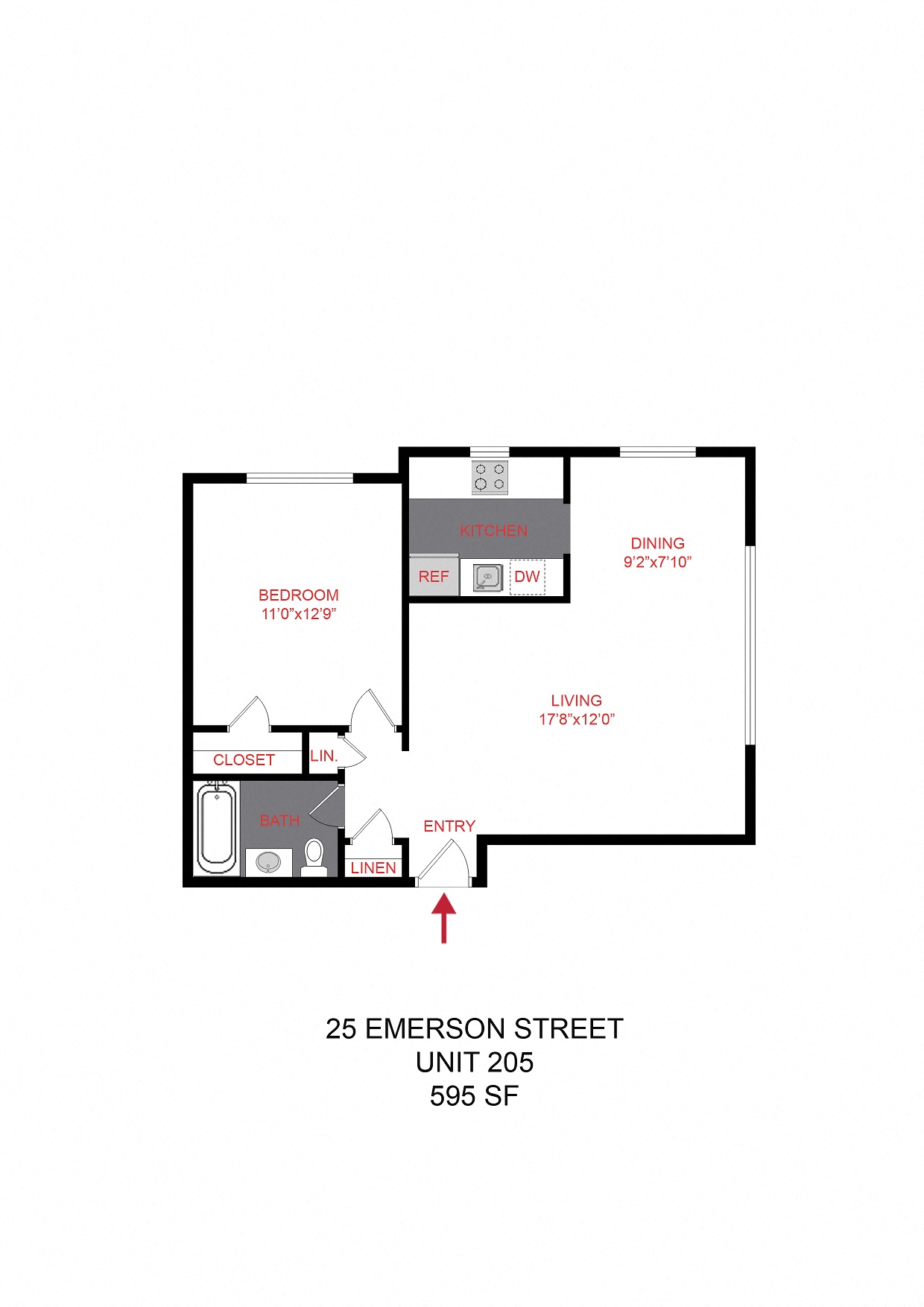 Floor plan for 1 bed, 1 bath, 595 sqft